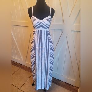 Athleta Size 2 Maxi Dress White Gray Stripe Linen Blend Sleeveless Pockets Summe